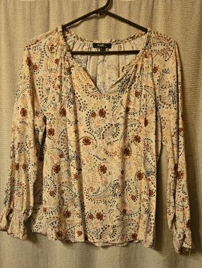 Angel Cream Paisley Floral V-Neck Blouse with Rust and Navy Accents